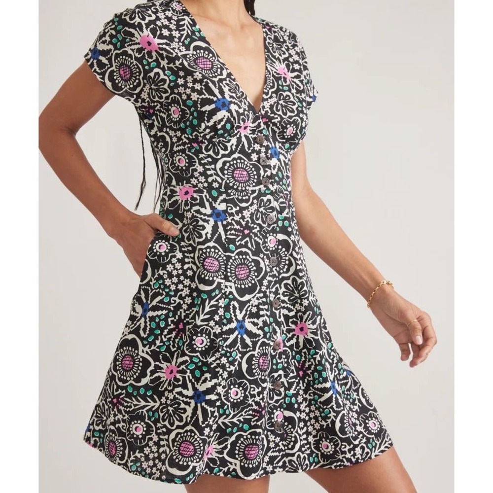Marine Layer Camila Mini Dress Women Large Black Floral Hemp Tencel Button Front